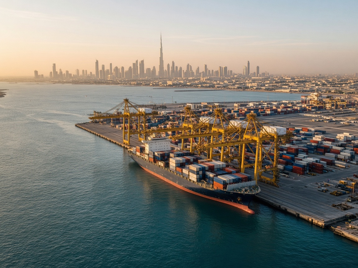 Container port on the UAE coast with the Dubai skyline beyond