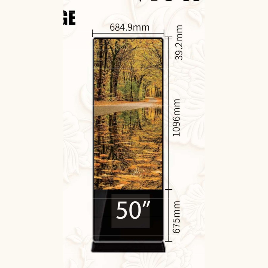 ViewX Advertising Indoor Digital Kiosk 50" — 684.9 mm wide, screen 1096 mm, body 675 mm